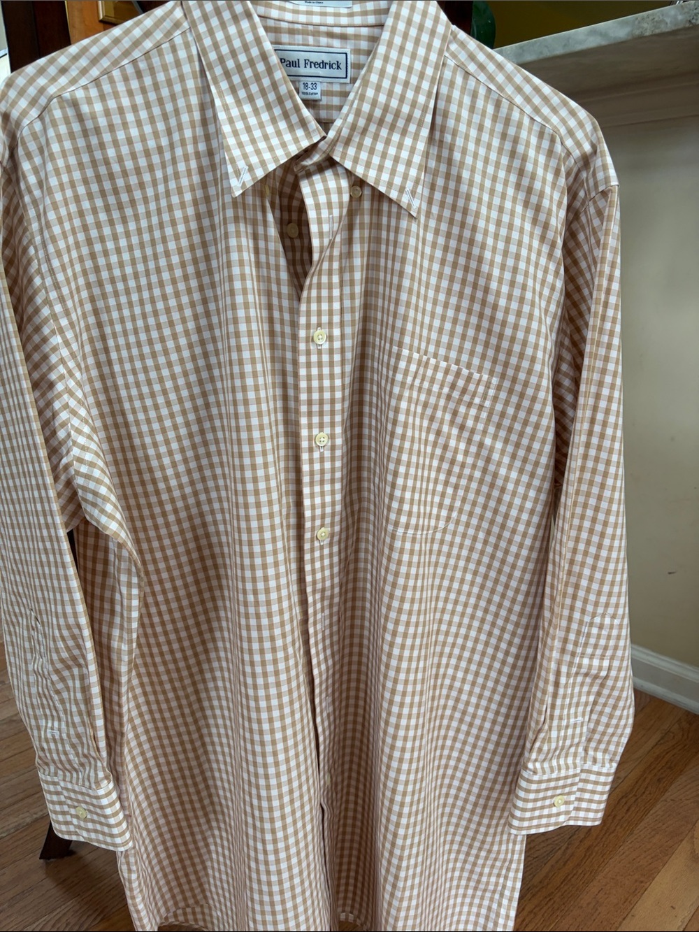 Paul Fredrick Tan and White Gingham Casual Button-Down Shirt